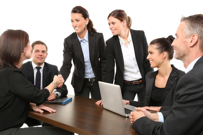professional partners handshake in bright office